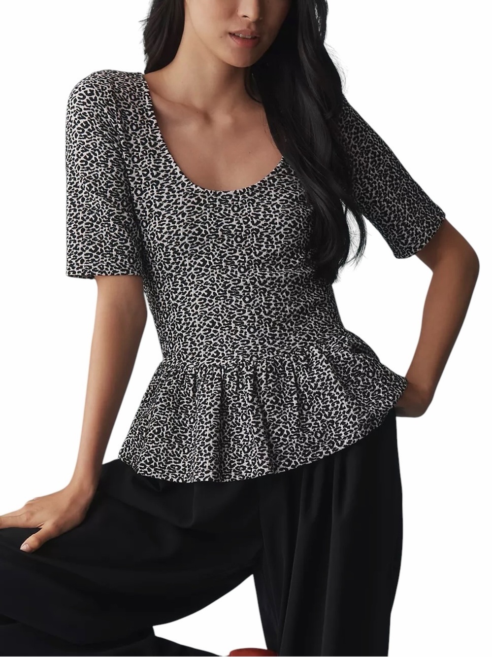 Anthropologie Maeve Peplum Scoop-Neck Short Sleeve Top Black & White Animal Sz L